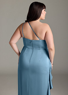 Azazie Latrice Bridesmaid Dresses Steel Blue Sheath One Shoulder Cascading Ruffles Stretch Satin Dress image12