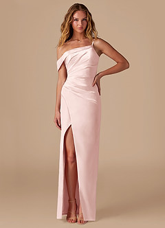 Azazie Lia Venta Final Vestido de Rosa Rubor de Satén Metálico de Corte Recto con Hombro unilateral image1