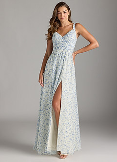 Azazie Chanel Bridesmaid Dresses Blue And White Ditsy Floral A-Line Pleated Chiffon Dress image1