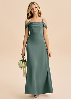 Azazie Lettie Junior Vestido Musgo Marinho de Cetim elástico de Linha A com Fora do ombro image2