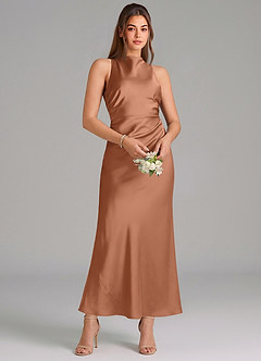 Azazie Evadne Bridesmaid Dresses Bronzer Sheath Pleated Stretch Satin Dress image3