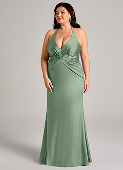 Azazie Valerie Vestidos de damas de honor Vestido de Matcha de Satén Elástico de Corte Sirena con Plisado image11