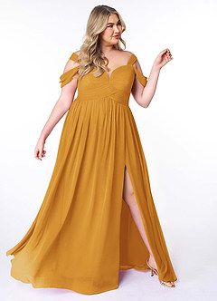 Azazie Lianne Bridesmaid Dresses Butterscotch A-Line Off the Shoulder Chiffon Dress image11