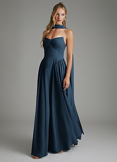 Azazie Evan At-home Try On Dresses Dark Navy A-Line Strapless Chiffon Dress image5