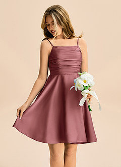 Azazie Miko Junior Vestido de Amatista de Satén Elástico de Corte en A con Plisado image4