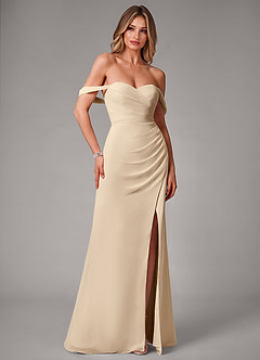 Azazie Haisley Bridesmaid Dresses Champagne Sheath Off the Shoulder Chiffon Convertible Dress image3