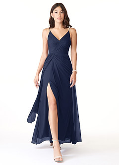 Azazie Evalin Vestidos de damas de honor Vestido de Azul Marino Oscuro de Malla de Corte en A con Cuello en V Plisado image1