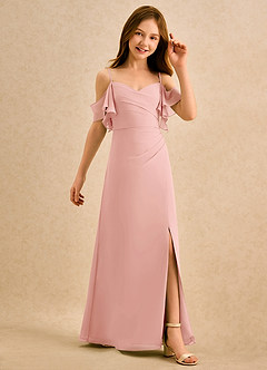 Azazie Pippy Girls Formal Blumenmädchenkleider A-Linie Herzausschnitt Chiffon Kleid Rosettenrosa image5