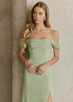 Azazie Saige Bridesmaid Dresses Dusty Sage Sheath Off the Shoulder Stretch Satin Dress image2