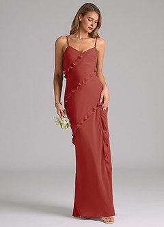 Azazie Nancie Vestidos de damas de honor Vestido de Terracota de Gasa de Corte Sirena con Volante image5