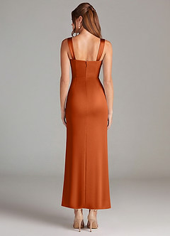 Azazie Denice Vestidos de damas de honor Vestido de Naranja Quemada de Satén Elástico de Corte Recto con Plisado image2