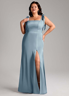 Azazie Frostine Bridesmaid Dresses Dusty Blue A-Line Bow Stretch Satin Dress image7
