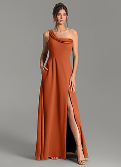 Azazie Thea Vestidos de damas de honor Vestido Naranja Quemada de Gasa de Línea A con Un hombro image4