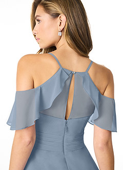 Azazie Dakota Vestidos de damas de honor Vestido de Azul Polvoriento de Gasa de Corte en A con Cuello en V plisado image4