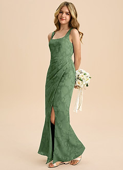 Azazie Mero Junior Eucalyptus Sheath Pleated Floral Burnout Dress image1