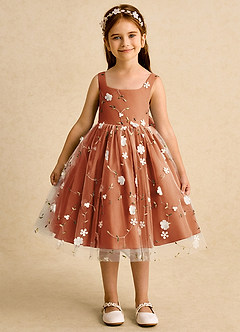 Azazie Bean Flower Girl Dresses Cinnamon Ball-Gown Sleeveless Tulle Dress image1