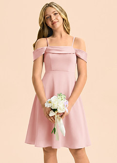 Azazie Anselie Junior Powder Pink A-Line Off the Shoulder Stretch Satin Dress image3
