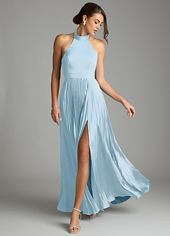 Azazie Zienna Final Sale Sky Blue A-Line Pleated Stretch Satin Dress image3