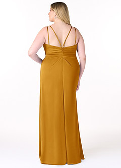 Azazie Aqua Bridesmaid Dresses Butterscotch A-Line V-Neck Pleated Stretch Satin Dress image9