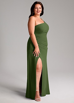 Azazie Eren Robes de demoiselle d'honneur Robe Fourreau en Mousseline de soie Ue épaule Olive image12
