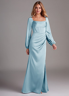 Azazie Charissa Robes de demoiselle d'honneur Robe Fourreau en Satin extensible Manche longue Bleu Ciel image6