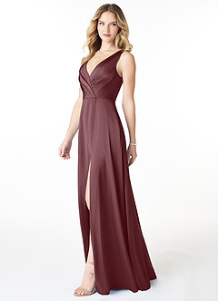Azazie Nelly Bridesmaid Dresses Sangria A-Line V-Neck Pleated Stretch Satin Dress image3
