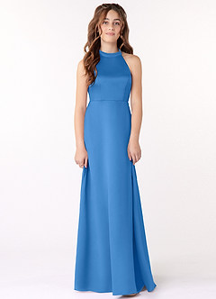 Azazie Laurel Junior Robe Trapèze en Mat Satiné Geai Bleu image1