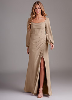 Azazie Charissa Abiti da Damigella Abito Tubino in Chiffon Manica Lunga Taupe image3