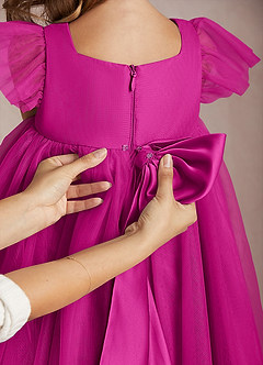 Azazie Kalio Flower Girl Dresses Fuchsia A-Line with Sleeves Tulle Dress image4