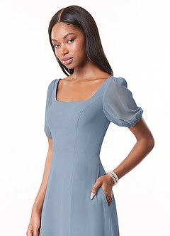Azazie Alani Bridesmaid Dresses Dusty Blue A-Line Square Neckline Chiffon Dress image4
