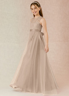 Azazie Georgette Junior Taupe A-Line Lace Tulle Dress image3