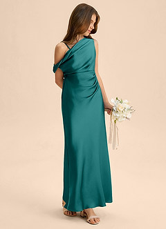 Azazie Emerson Junior Peacock Sheath Off the Shoulder Stretch Satin Dress image4