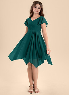 Azazie Janeaurelia Junior Abito A-Line in Chiffon Plissettato Verde Pavone image4