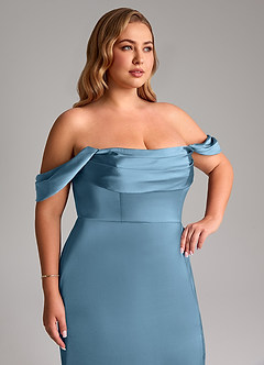 Azazie Saige Jurken voor bruidsmeisjes Jurk van Stretch Satijn met Kolom Off the Shoulder Staal Blauw image14