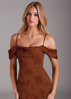 Azazie Saige Bridesmaid Dresses Burnt Orange Floral Sheath Off the Shoulder Stretch Satin Dress image2