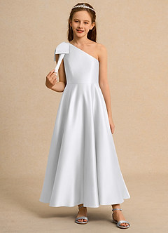 Azazie Guppy Girl vestidos de niña de las flores Vestido de Blanco de Satin Mate de Corte En A con Hombro unilateral image3