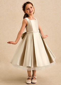 Azazie Josie Flower Girl Dresses Champagne A-Line Pleated Matte Satin Dress image1