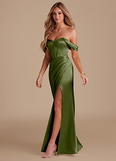 Azazie Asha Bridesmaid Dresses Olive Sheath Off the Shoulder Metallic Satin Dress image3