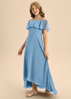 Azazie Maggie Junior Vestido de Azul Acero de Gasa de Corte En A con Vestidos sin tirantes image4