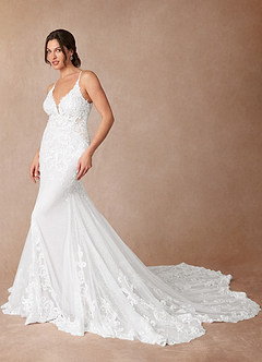 Azazie Selene Wedding Dresses Diamond White Mermaid V-Neck Lace Dress image2