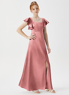 Azazie Bondi Junior Rosette A-Line Side Slit Metallic Satin Dress image3