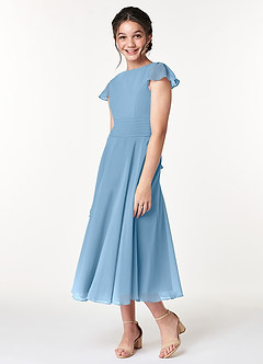 Azazie Payton Junior Steel Blue A-Line Bow Chiffon Dress image4