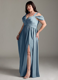 Azazie Lianne Robes de demoiselle d'honneur Robe Trapèze en Satin extensible Épaule décolletée Bleu Poussiéreux image13