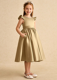 Azazie Dumpling Flower Girl Dresses Gold A-Line Bow Matte Satin Dress image4