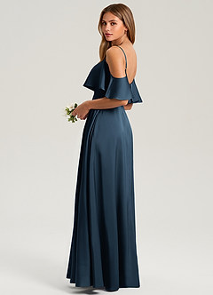 Azazie Jean At-home Try On Dresses Dark Navy A-Line Off the Shoulder Stretch Satin Dress image4