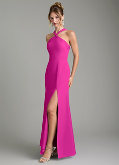 Azazie Rue Vestidos de damas de honor Vestido Fucsia de Gasa de Línea A con Halter image5