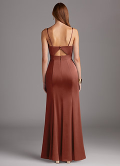 Azazie Shania Bridesmaid Dresses Auburn Sheath V-Neck Pleated Stretch Satin Dress image2