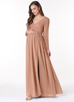 Azazie Teton Maternity Bridesmaid Dresses A-Line Long Sleeve Chiffon Floor-Length Dress image3