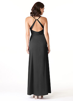 Azazie Geanna Bridesmaid Dresses Black Sheath V-Neck Pleated Stretch Satin Dress image2