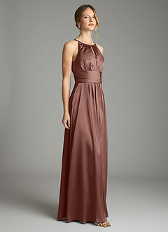 Azazie Bonnie Bridesmaid Dresses Espresso A-Line Pleated Stretch Satin Dress image4